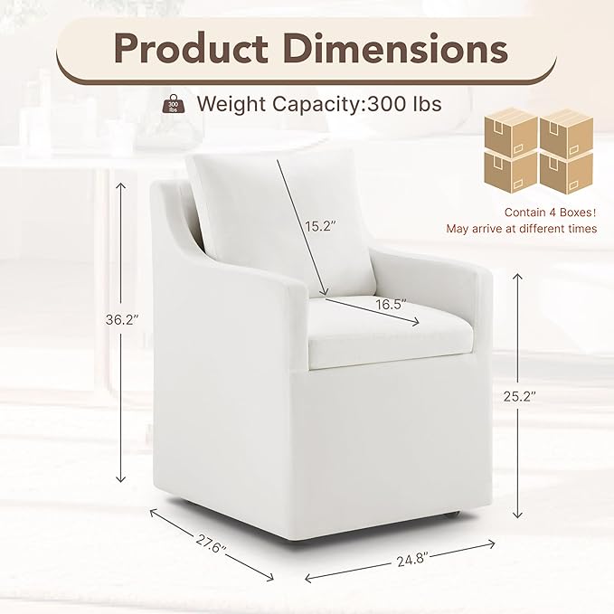 Upholstered Dining Chairs Set of 4, Modern Dining Room Chairs with Casters & Washable Cover, Rolling Accent Chair with Hidden Storage for Kitchen, Farmhouse, Living Room, White, 4 Box
