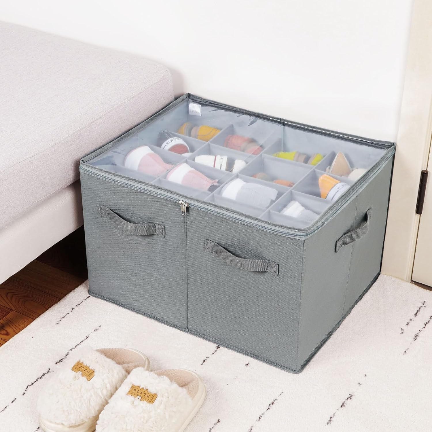 Shoe Organizer for Closet, Foldable Shoe Box with Adjustable Dividers and Clear Cover, Space Saving Shoe Storage Organizer Cabinet with Reinforced Handles, Fits 16 Pairs, Gray, TP09G