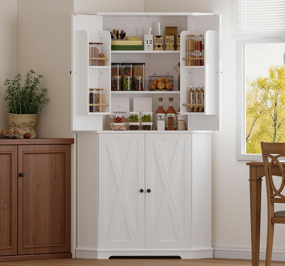 IRONCK Corner Cabinet, 72" Farmhouse Pantry Storage Cabinet, White | 6 T...