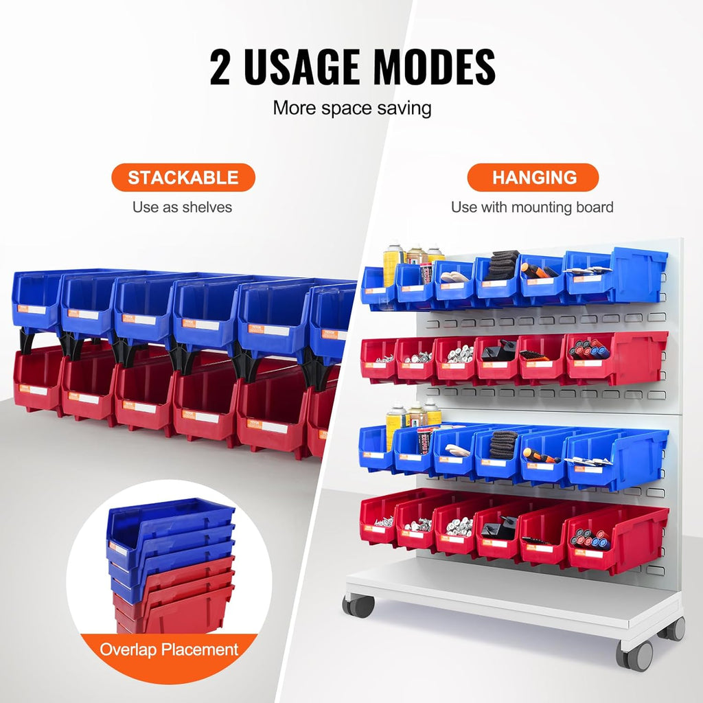VEVOR Plastic Stackable Storage Bins 12 Pack (11 x 5 x 5-Inch), Hanging Storage Organizer Bins, Heavy Duty Stacking Containers for Closet, Garage, Office, Home, Pantry or Small Parts Organization