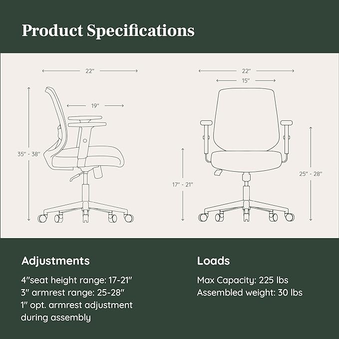 Branch Daily Chair - Vegan Leather Office Chair with Swivel, Lumbar Rest, and Adjustable Armrests - Comfortable Seating for Improved Posture and Productivity - Limestone