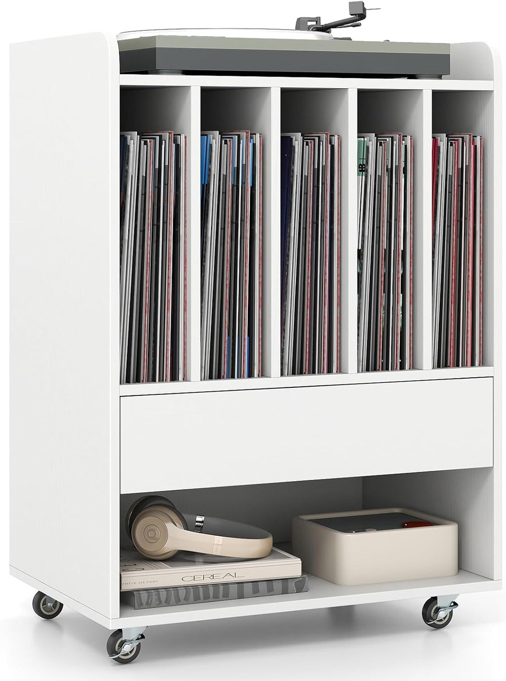 LOKO Record Player Stand On Wheels, Rolling Turntable Stand with 5 Compartmen...
