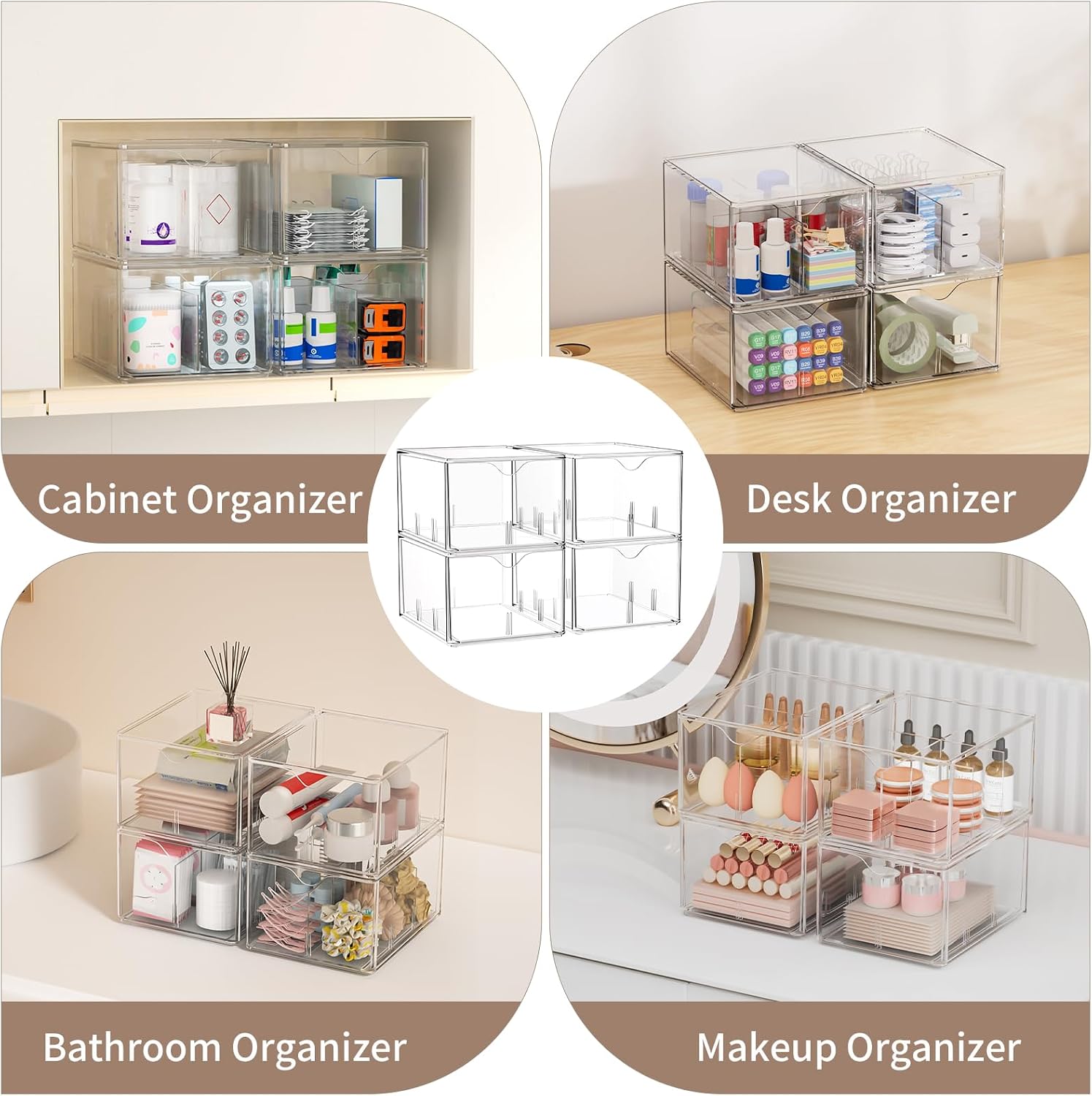 4 Pack Clear Tea Bag Organizers with Adjustable Dividers, Stackable Tea Drawer Organizer Box for Pantry, Coffee Bar, Kitchen Cabinet, Acrylic Food Storage Bins for Snacks, Sugar & Spice Packets