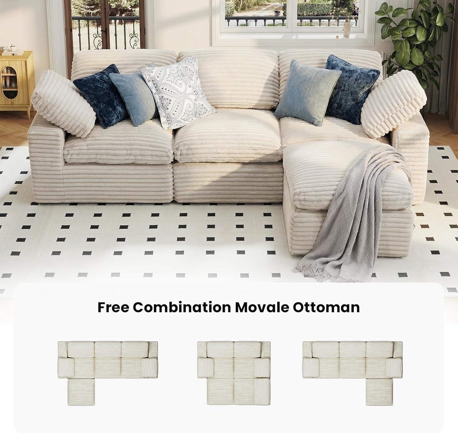 KKL 118" Modular Sectional Sofa, Cloud Sectional Couch L-Shaped with Ottoman, Corduroy Boneless Couch for Living Room Bedroom, Deep-Seat Upholstered Modular Cloud Sofa, No Assembly Required, Beige