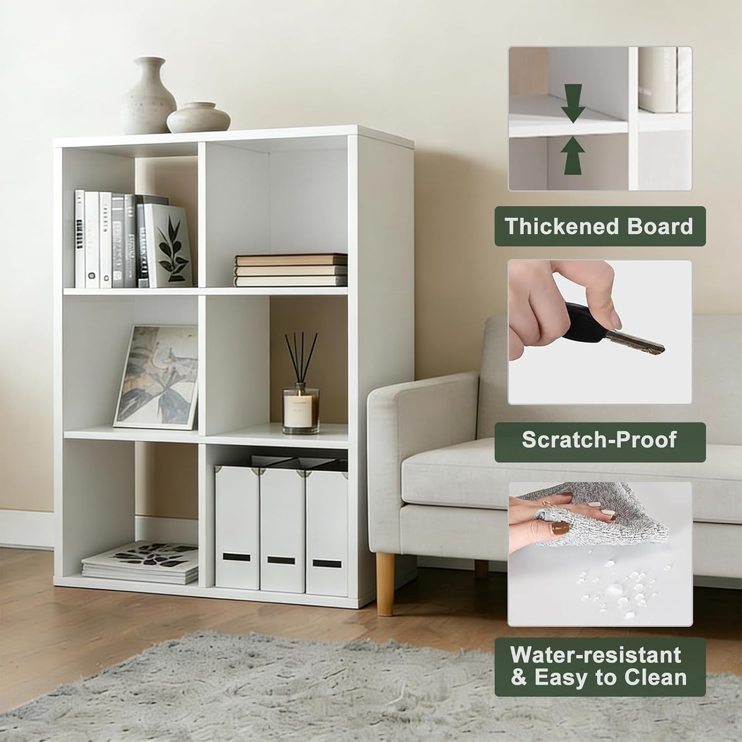 6-Cube Storage Organizer Shelf, Open Cube Bookshelf, Reversible Bookcase, Modern Sturdy Storage for Living Room, Bedroom, Entryway, Home Office, White