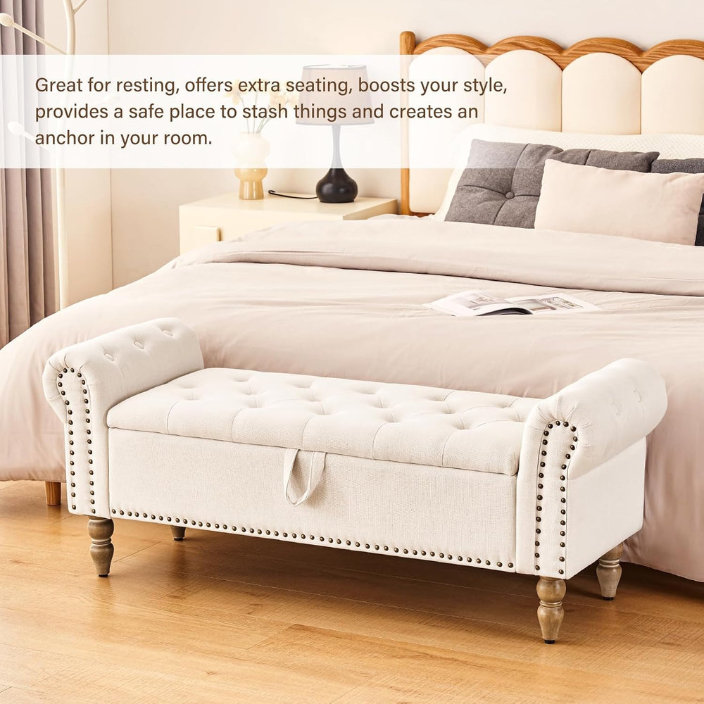 Furnimart Storage Bedroom Bench for End of Bed, Faux Linen Upholstered Storag...