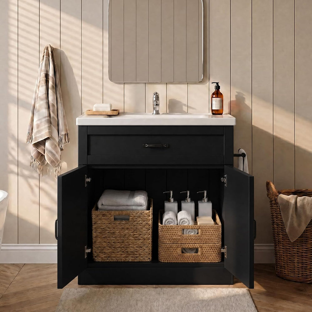 31 Inch Bathroom Vanity with Sink, Drawer and Barn Doors Cabinet, Black | Far...