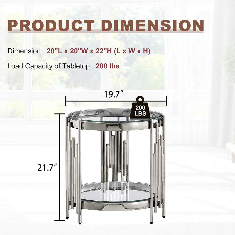 Round Glass End Table, 2-Tier Small Side Table with Tempered Glass Top and Sl...