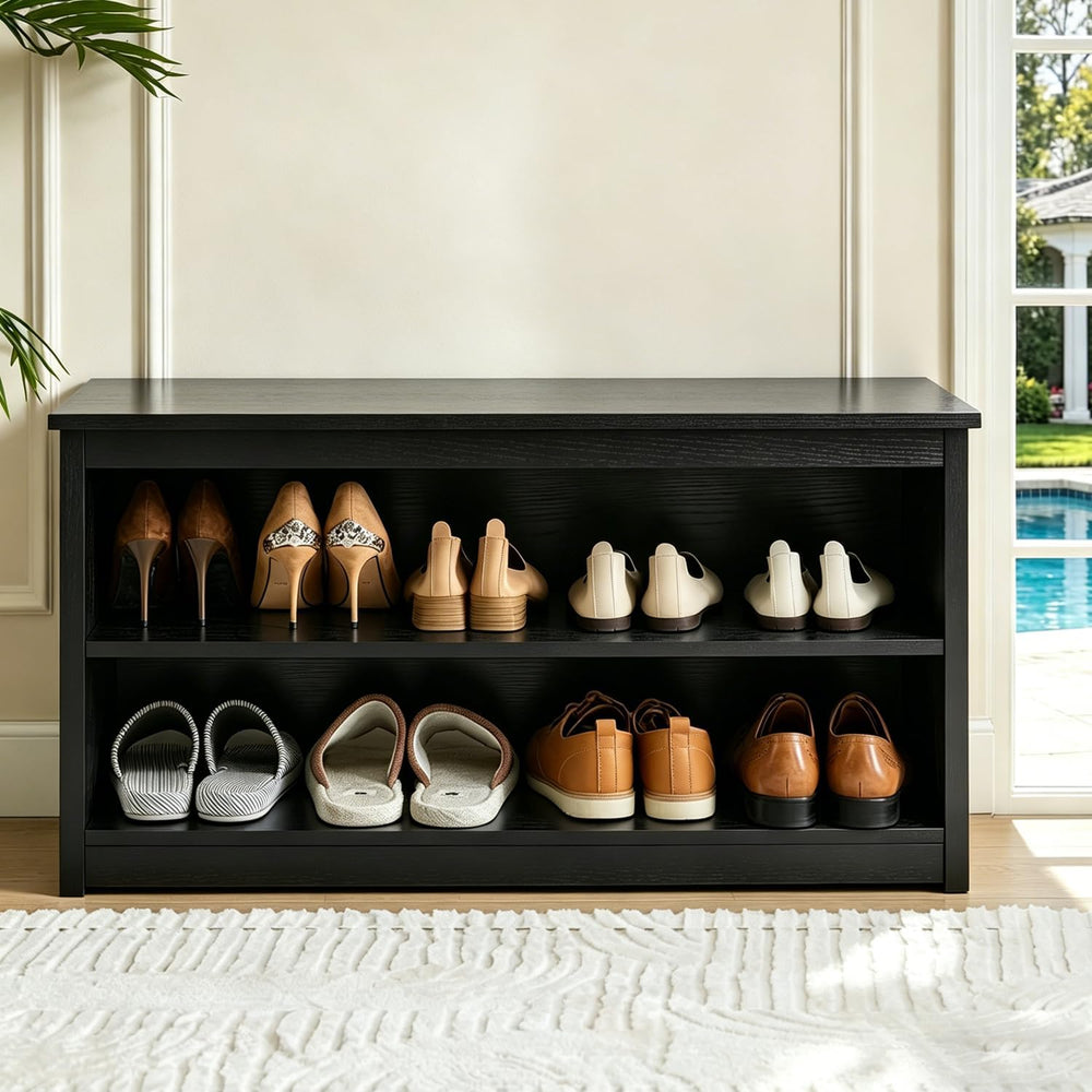 Farmhouse Storage Bench with 2-Tier Open Shelf, Shoe Bench with Cushion for E...