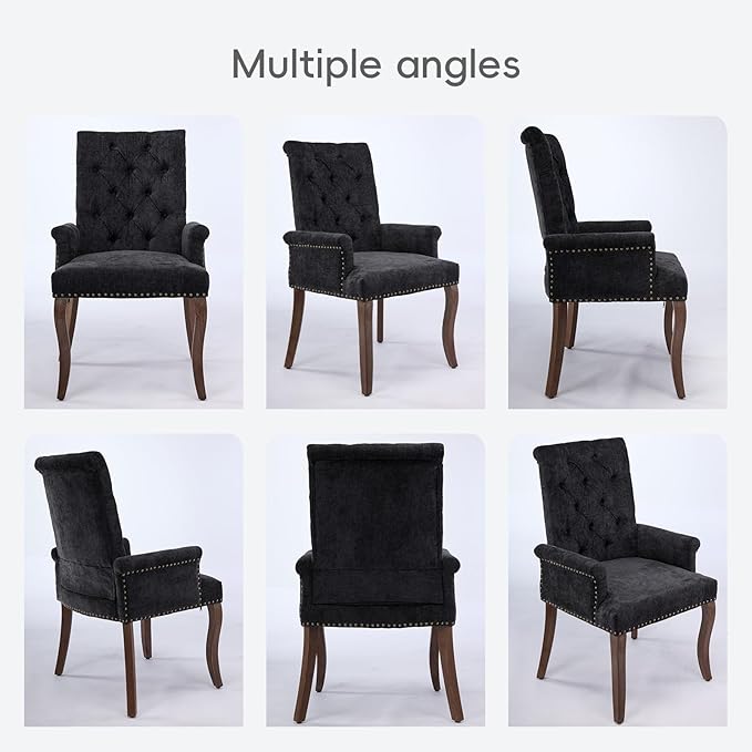 Upholstered Tufted Chenille Dining Chairs with Arms & Nailhead Trim – Sol...