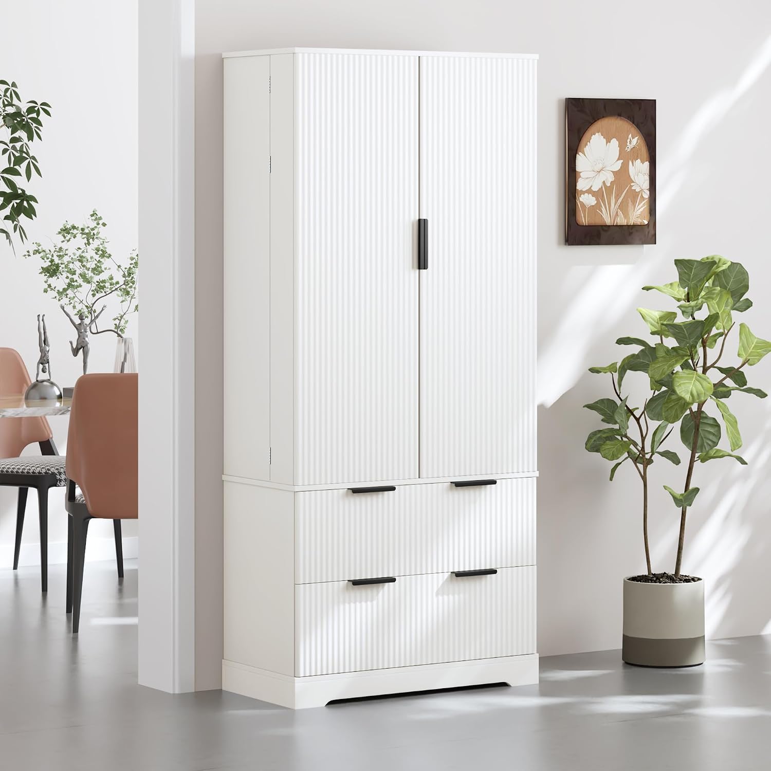 Freestanding Storage Cabinet with 2 Dawers, 2 Shelves, 2 Double Door with 6 Shelves, Rectangular Kitchen Pantry, Modern Minimalist, for Living Room, Dining Room, White