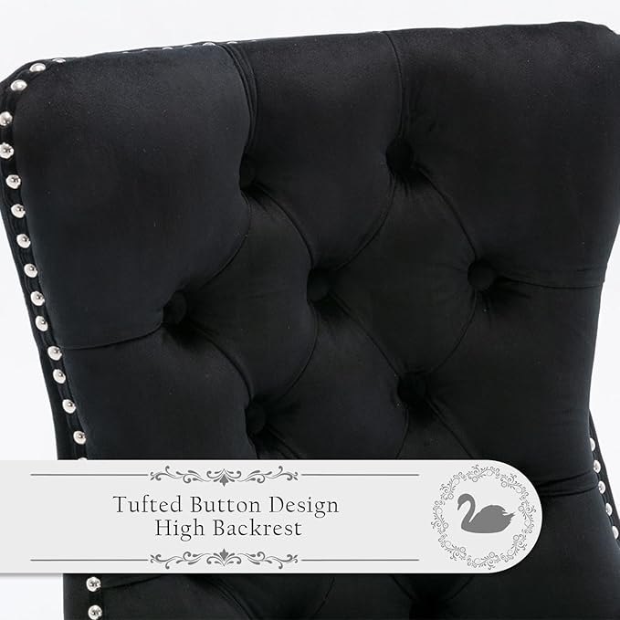 Velvet Upholstered Dining Chairs Set of 2, Modern Style Kitchen Side Chairs with Nailhead Trim and Wood Legs,Metal Pulling Ring for Dining Room Living Room(Black,Set of 2)