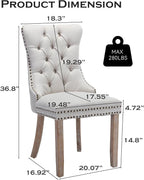 Linen Upholstered Dining Chairs Set of 6, Modern Style Kitchen Side Chairs with Nailhead Trim and Wood Leg, Metal Pulling Ring for Dining Room Living Room, Beige