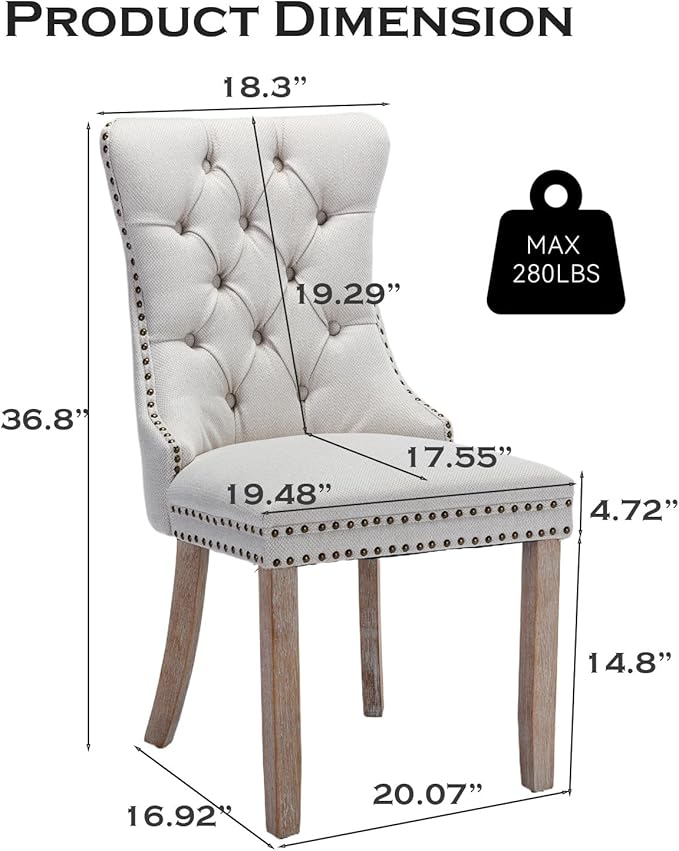 Linen Upholstered Dining Chairs Set of 6, Modern Style Kitchen Side Chairs with Nailhead Trim and Wood Leg, Metal Pulling Ring for Dining Room Living Room, Beige