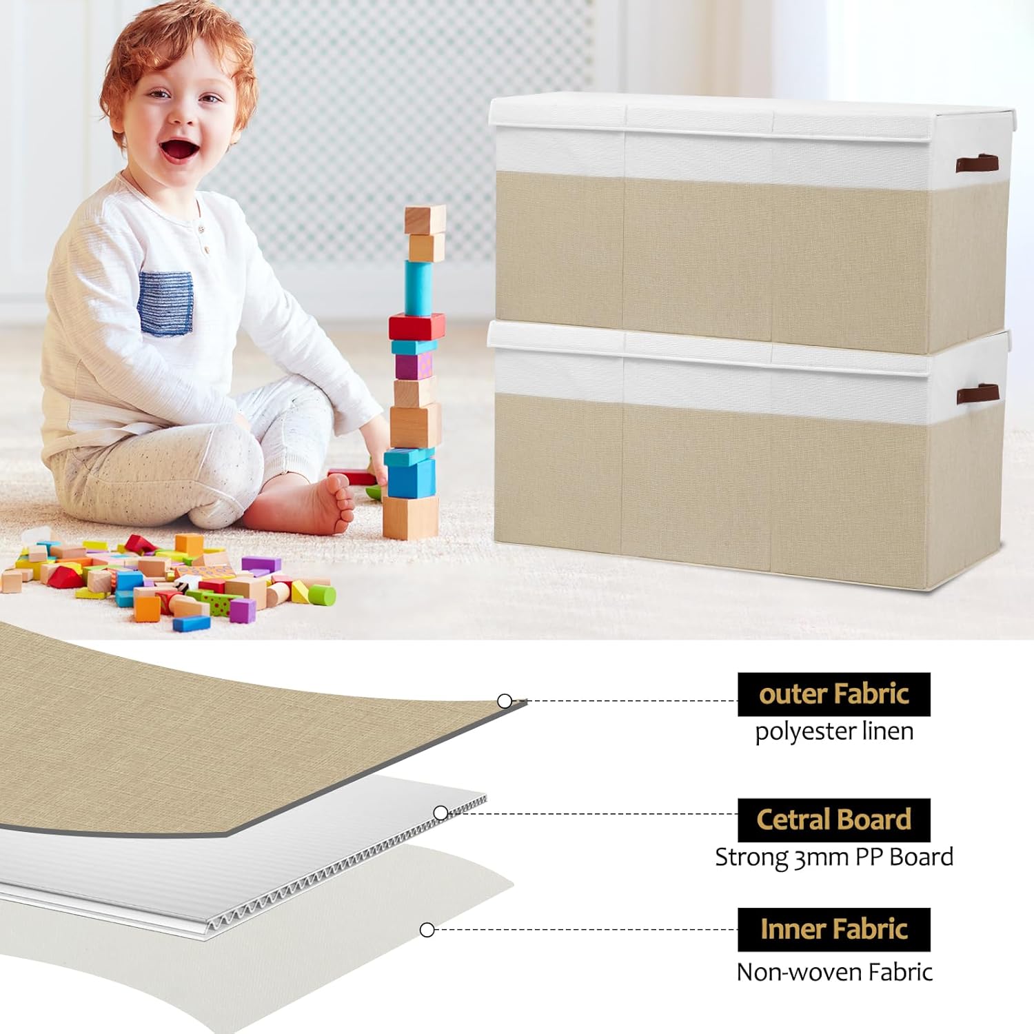 Extra Large Toy Storage Box with Lid, Sturdy Toys Storage Chest Bin Organizer Basket with Dividers for Kids, Boys, Girls, Nursery, Closet, Bedroom, Playroom 35.5"x17" x17" (Beige and White)