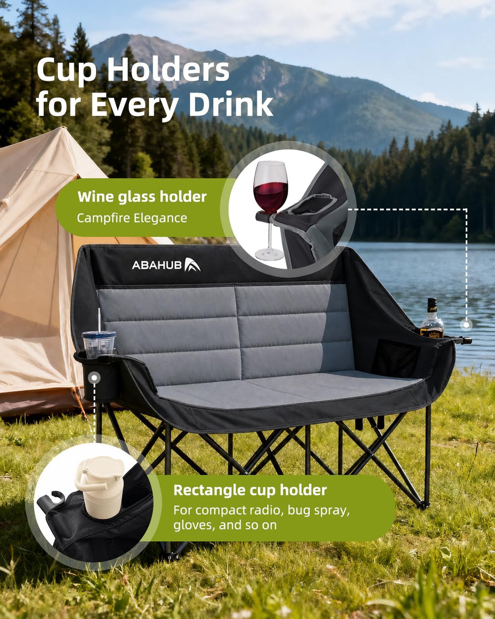 Abahub 2-Person Folding Camping Chair Loveseat Couch Chairs, 650 LBS Portable...