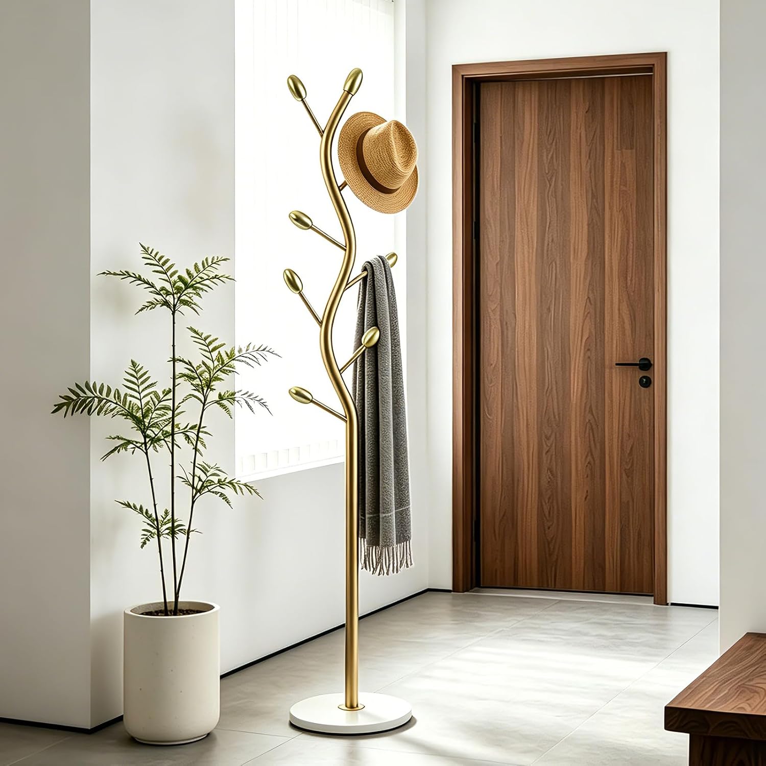 Coat Rack Freestanding, Artistic Tree-Shaped Gold Metal Hall Tree with Heavy-Duty Marble Base, Elegant Corner Garment & Purse Tree with 8 Rounded Hooks for Entryway, Bedroom, Office
