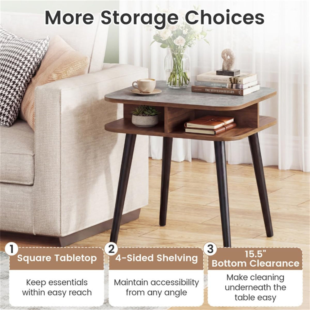24" Square Faux Marble End Table with 4-Sided Storage Shelves | Nightsta...