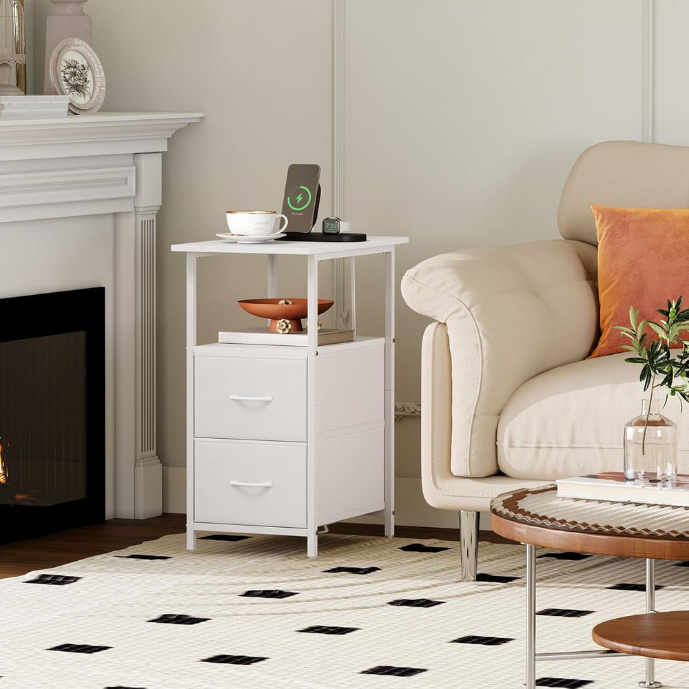 Somdot End Table with Charging Station, Narrow Side Table with 2 Fabric Drawe...