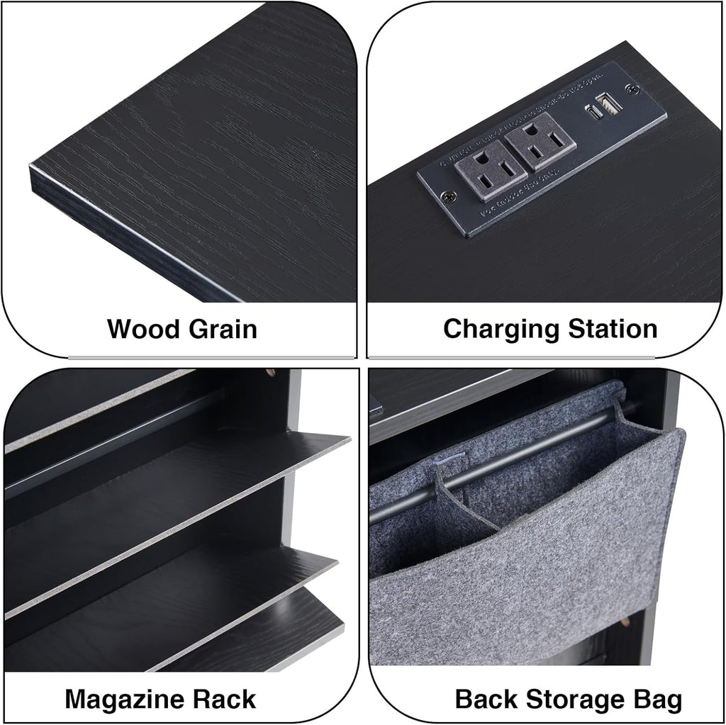 Narrow Side Table with Charging Station Slim End Table with Magazine Book Holder Organizer Rack & Storage Bag, Small Space Skinny Thin Nightstand Couch Sofa Bed Side Table for Bedroom, Living Room