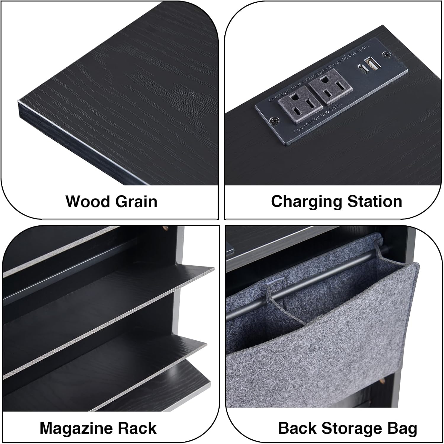 Narrow Side Table with Charging Station Slim End Table with Magazine Book Holder Organizer Rack & Storage Bag, Small Space Skinny Thin Nightstand Couch Sofa Bed Side Table for Bedroom, Living Room