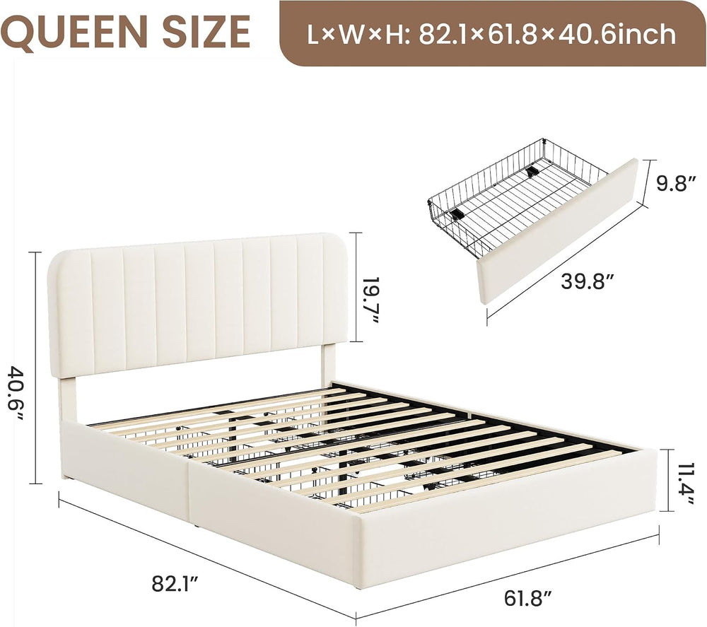 IDEALHOUSE Queen Size Velvet Upholstered Bed Frame, Beige