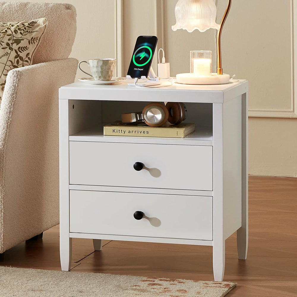 Huuger White Nightstand Set of 2, Night Stand with Charger Station, Bedside T...