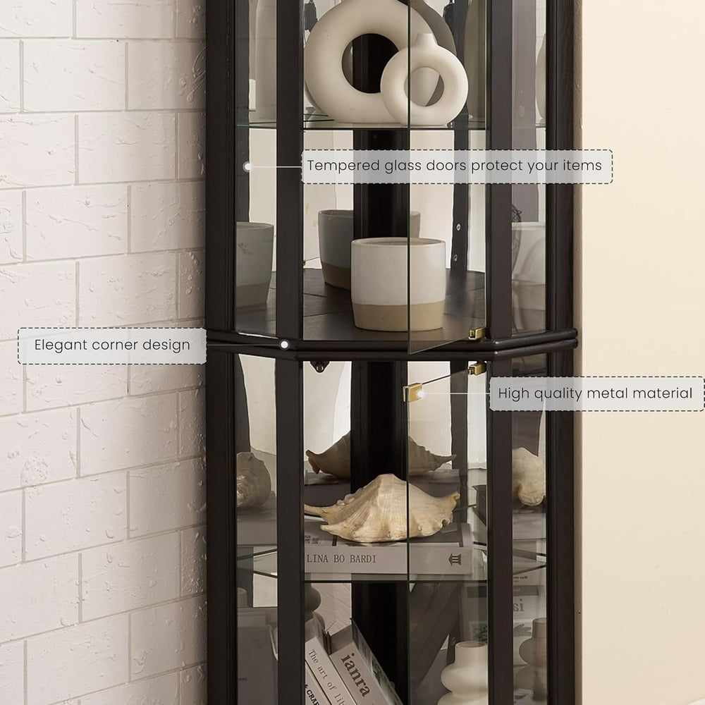 Corner Curio Cabinet, 70" H Lighted Glass Display Cage with Tempered Gla...