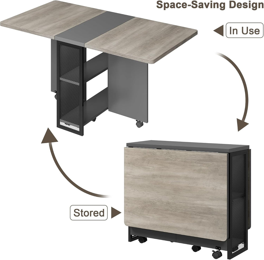 IDEALHOUSE FoldingTable, Drop Leaf Dining Table with 6 Wheels and 2-Layer Sto...