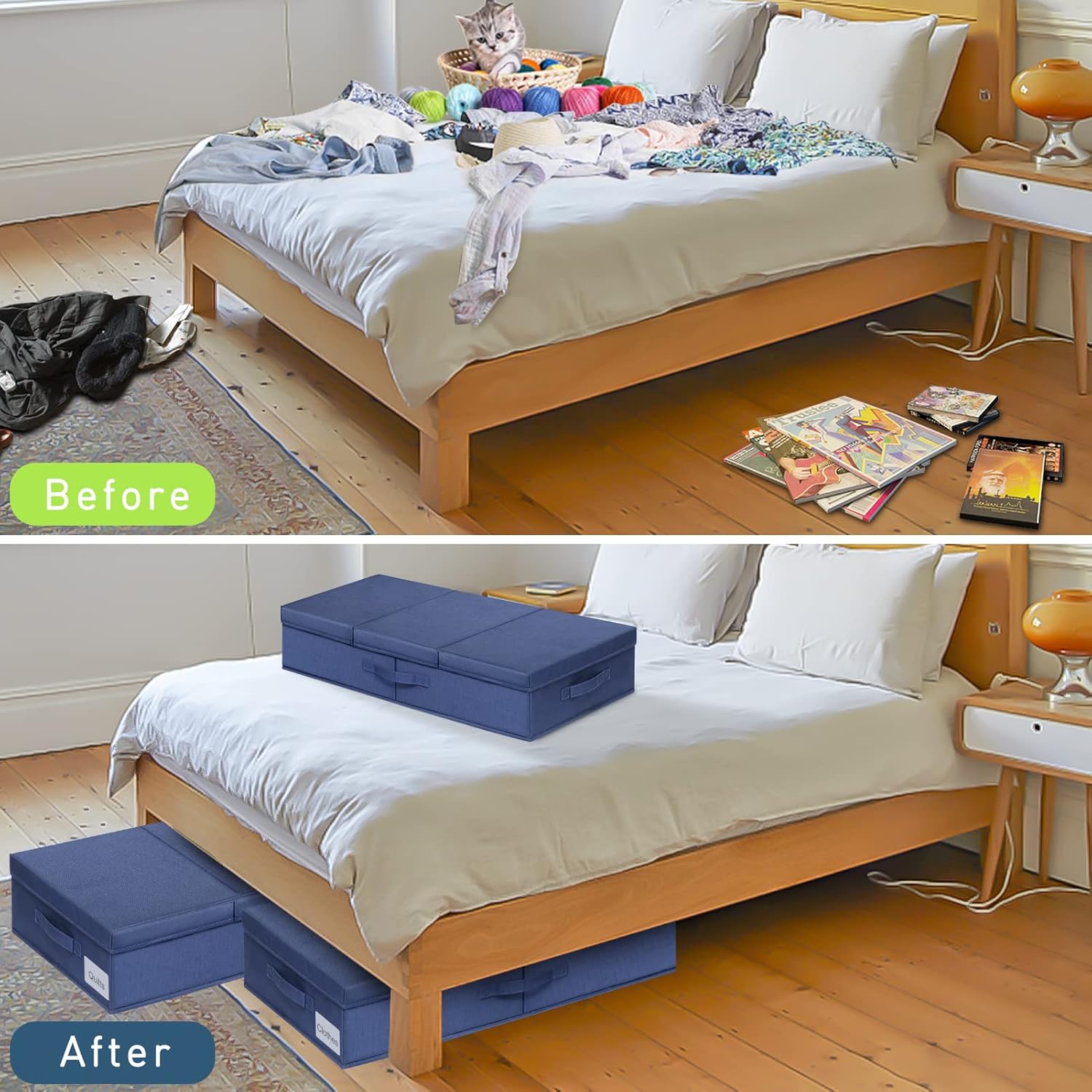 punemi Under Bed Storage Containers, 2 Pack Under Bed Organizer With Lids, Long Flat Stackable Clothes Storage Bins Large Underbed Storage, Organization and Storage Closet For Toys Blankets, Navy