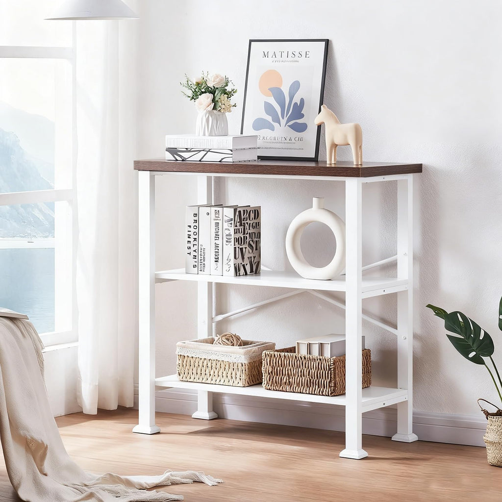 Hombazzar 3 Tier Book Shelf,31.5" Wide White and Brown Short Bookshelf | Multipurpose Design for Living Room,Office,Bedroom. Retro Industrial Design,Stability,Adjustable Feet,Easy Assembly