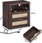 LEYAOYAO Rattan Nightstands with Charger Station, 23" Wide Boho Night Stand with 2 Drawers, Bedside Table Open Shlef, Bed Side End Table Dresser for Bedroom, Living Room Hallway, Walnut