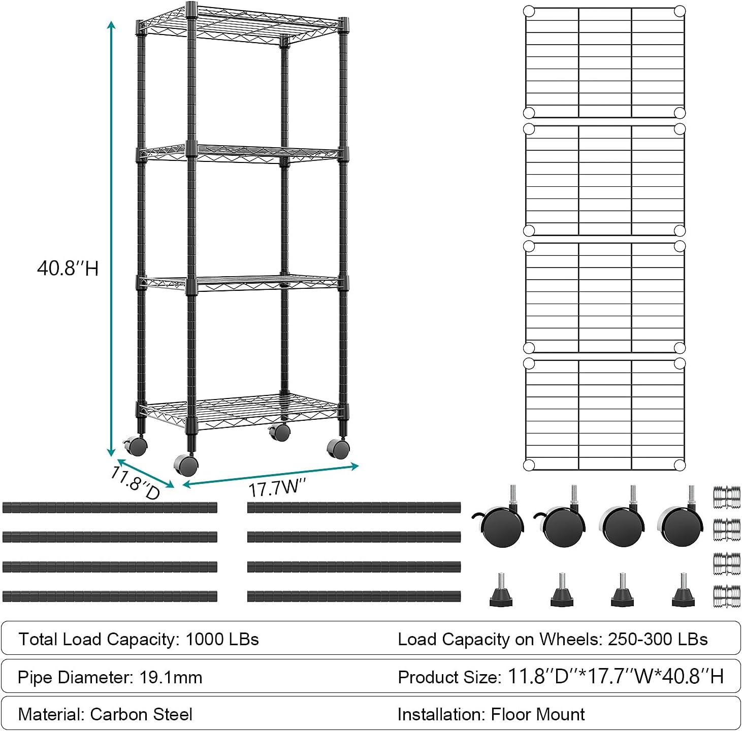 4-Shelf Adjustable Heavy Duty Steel Wire Rack, Adjustable Storage Shelving Unit with Wheel for Kitchen, Garage, Laundry Black 11.8" D x 17.7" W x 40.8" H