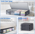 Under Bed Storage Containers, 4 Pack Blanket Storage Bags, Collapsible Storage Bags with Big Zippers, Clear Front, Shoe Storage and Organization for Clothes, Comforter, 75L, Grey