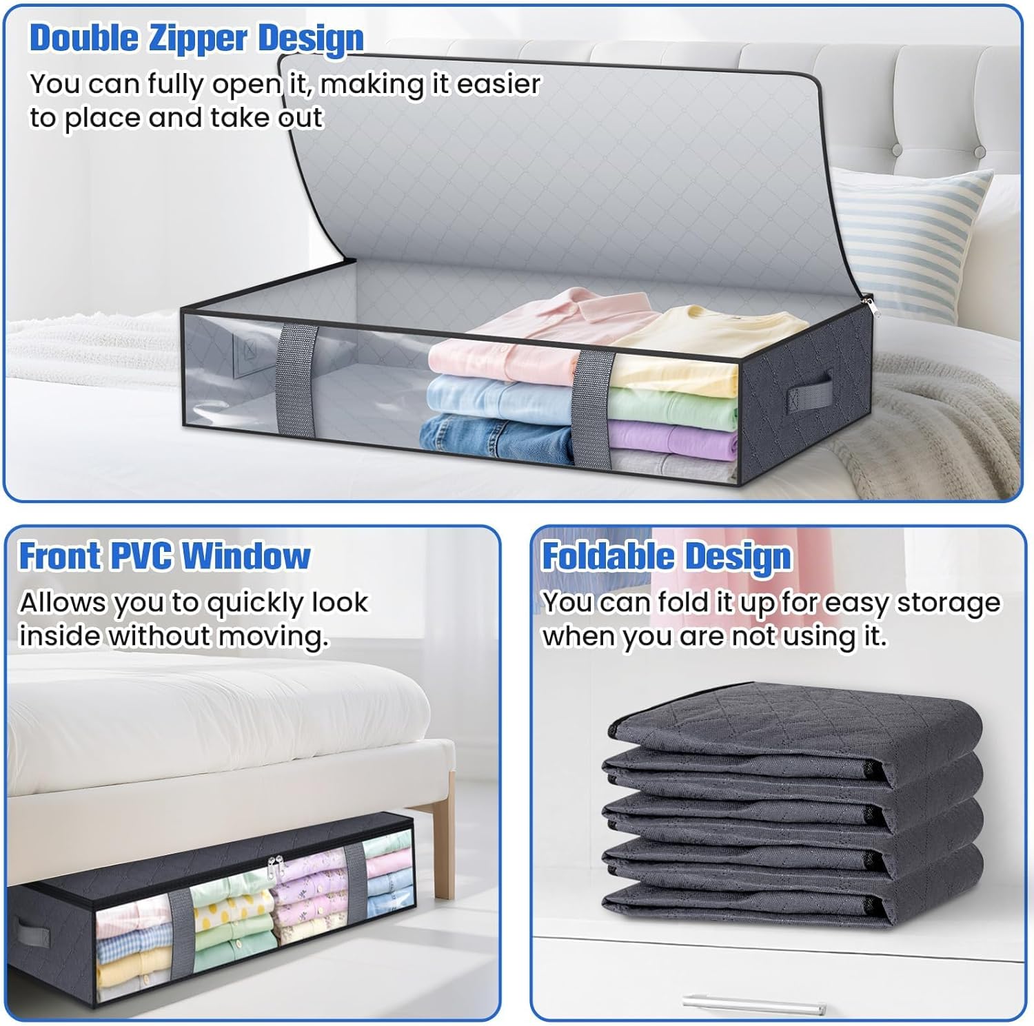 Under Bed Storage Containers, 8 Pack Blanket Storage Bags, Collapsible Storage Bags with Big Zippers, Clear Front, Shoe Storage and Organization for Clothes, Comforter, 75L, Grey