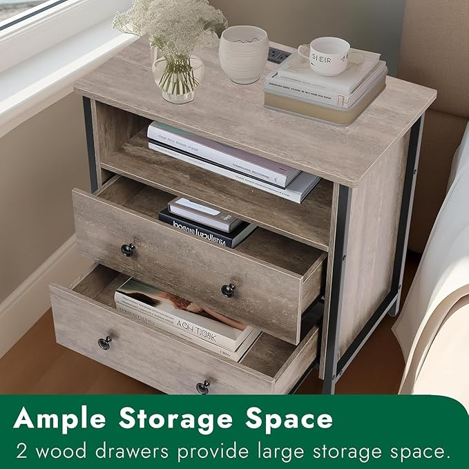 27 Inch Wide Night Stand, Lrage Wood Night Stand Set 2 with 2 Drawers, LED Nightstand with Charging Station and Adjustable Drawer, Bedside Table for Living Room/Bedroom/Study/Office, Gray.