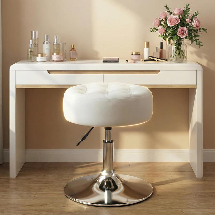 Furnimart Modern 360° Swivel Round White Vanity Ottoman Stool,Faux Leather Contemporary Makeup Accent Stool for Bedroom Living Room Entryway (Pu-White)