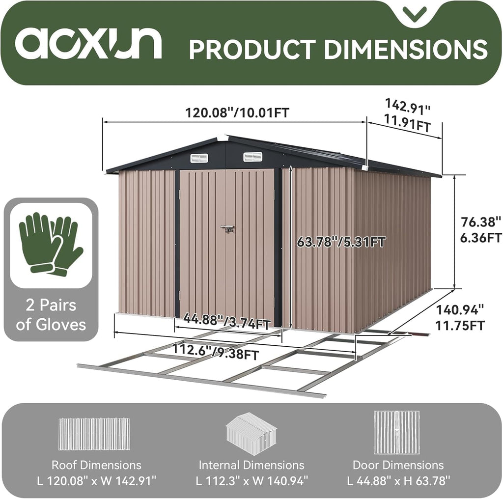 Aoxun 10 x 12FT Shed with Base Utility Garden Galvanized Steel Shed with Lockable Door & Sloped Roof Metal Sheds Outdoor Storage for Garden, Backyard, Patio and Backyard (Brown/Base Included)