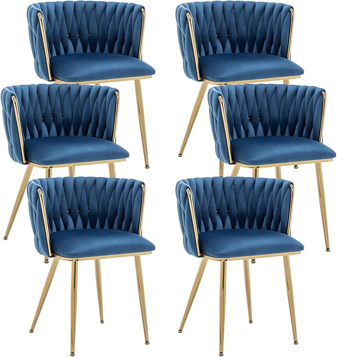 Kiztir Velvet Dining Chairs Set of 6 Woven Dining Chairs with Gold Metal Legs Upholstered Modern Dining Room Chair for Living Room, Bedroom, Kitchen (Blue, Set of 6)