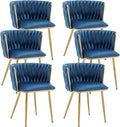 Kiztir Velvet Dining Chairs Set of 6 Woven Dining Chairs with Gold Metal Legs Upholstered Modern Dining Room Chair for Living Room, Bedroom, Kitchen (Blue, Set of 6)