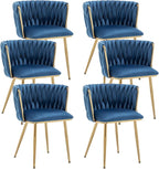 Kiztir Velvet Dining Chairs Set of 6 Woven Dining Chairs with Gold Metal Legs Upholstered Modern Dining Room Chair for Living Room, Bedroom, Kitchen (Blue, Set of 6)