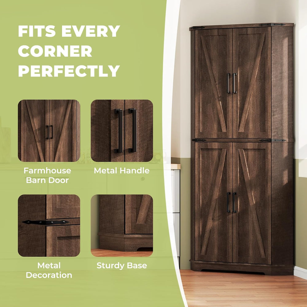 Dripex 71" Corner Cabinet Brown, Farmhouse Kitchen Pantry Cabinet with D...