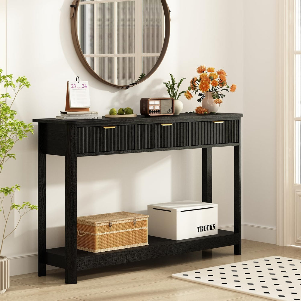 RUSTOWN Fluted Wood Console Table with 3 Drawers, Boho Narrow Behind Couch En...