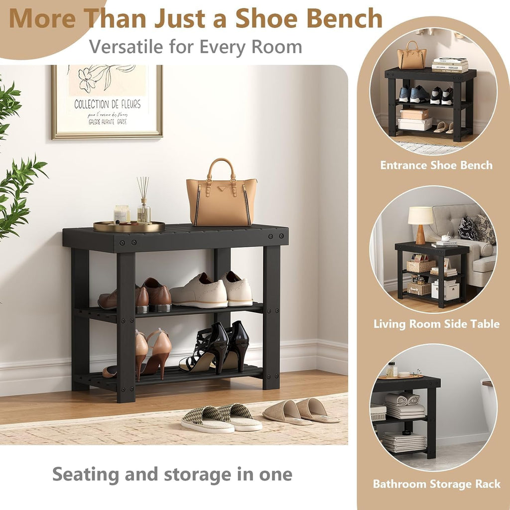 Simple Deluxe Shoe Rack Bench, 3-Tier Bamboo Storage Organizer, 286lb Capacity Entryway Bench for Front Door, Bedroom, Living Room, Bathroom, Balcony, Stylish Shoes Black (11.3 x 19.7 x 17.8 Inches)