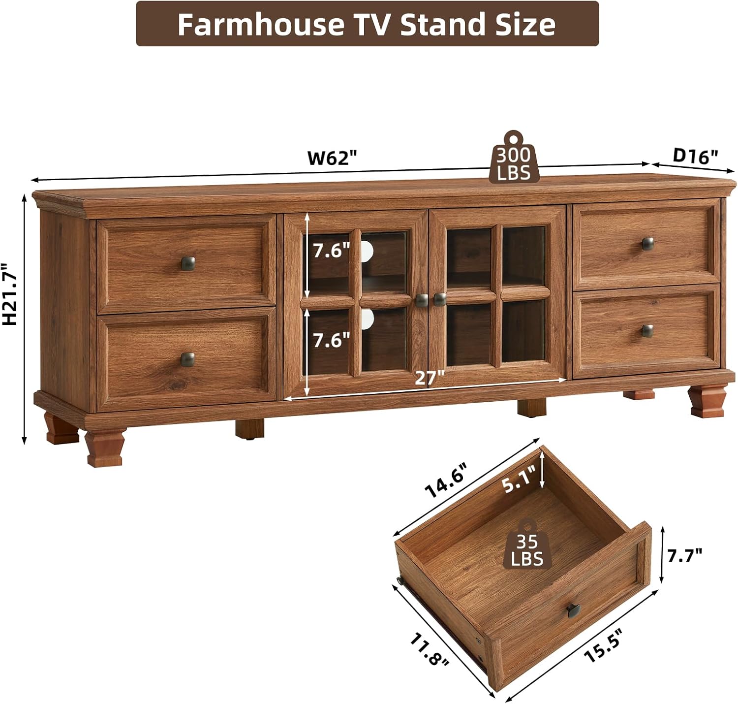Farmhouse TV Stands for Living Room, Brown | Heavy-Duty Rustic Entertainment Center with 4 Drawers & Thickened Top & Square Wooden Legs for 65 Inch TV