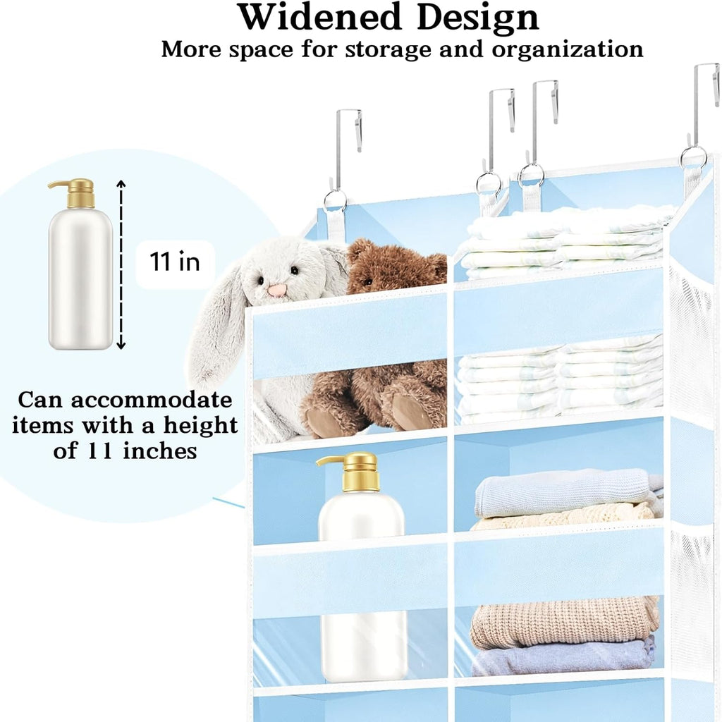 Blue Over the Door Organizer 5 Tiers, Extra Large Behind Door Storage of 10 Compartments, 80 lbs Weight Capacity Hanging Storage Organizer with Clear Window Kids Toys, Shoes, Diapers, Room storage