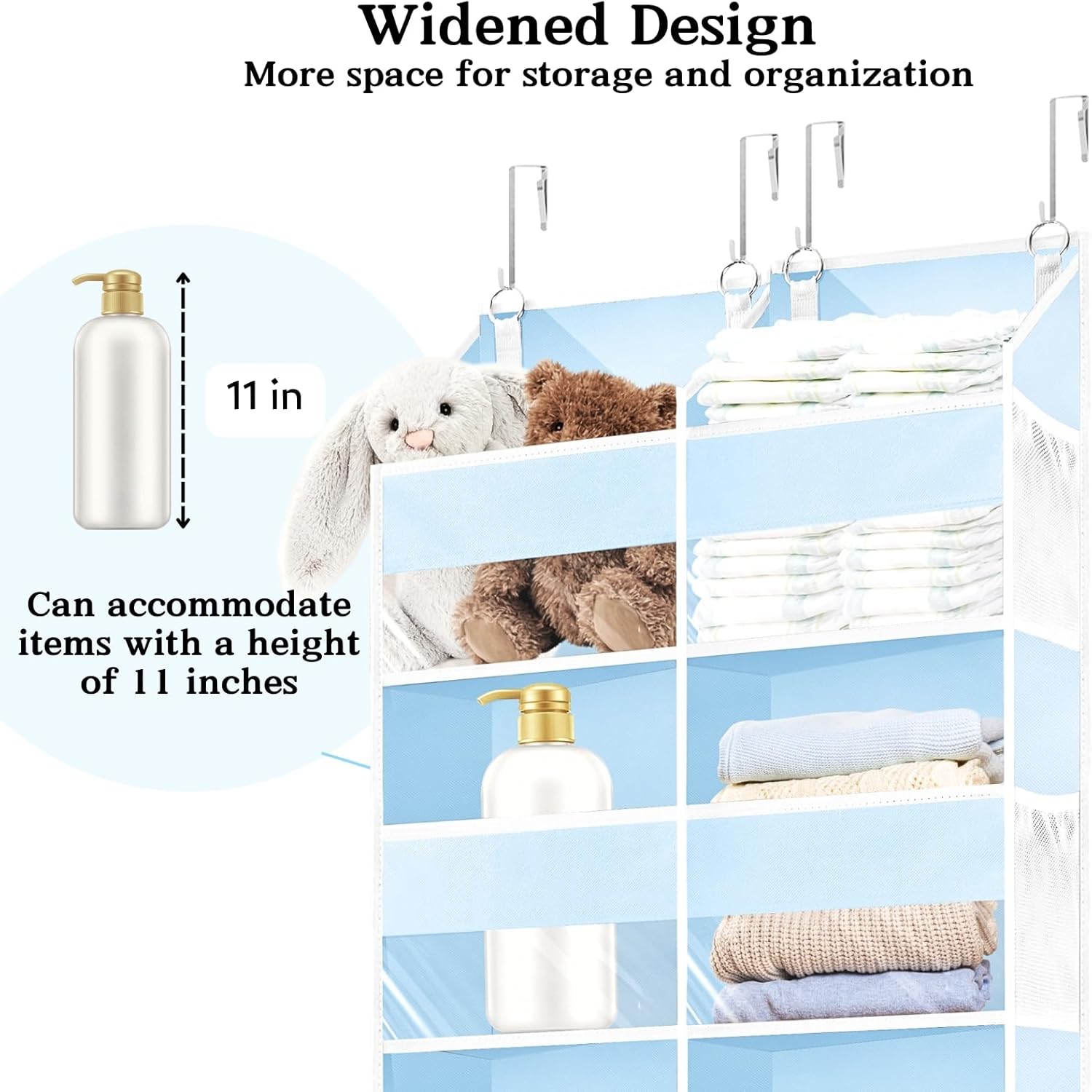 Blue Over the Door Organizer 5 Tiers, Extra Large Behind Door Storage of 10 Compartments, 80 lbs Weight Capacity Hanging Storage Organizer with Clear Window Kids Toys, Shoes, Diapers, Room storage