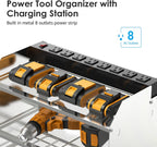 CCCEI Modular Power Tool Organizer Wall Mount with Charging Station. Garage Drill Storage Shelf with Hooks, Heavy Duty Rack, Tool Battery Holder Built in 8 Outlet. Gift for Men. Silver, 1 Pack.