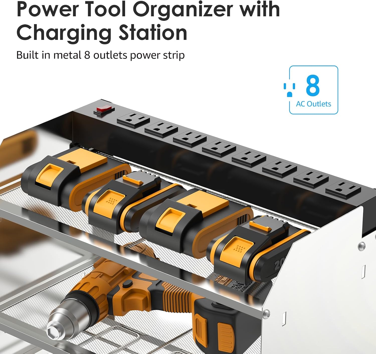 CCCEI Modular Power Tool Organizer Wall Mount with Charging Station. Garage Drill Storage Shelf with Hooks, Heavy Duty Rack, Tool Battery Holder Built in 8 Outlet. Gift for Men. Silver, 1 Pack.