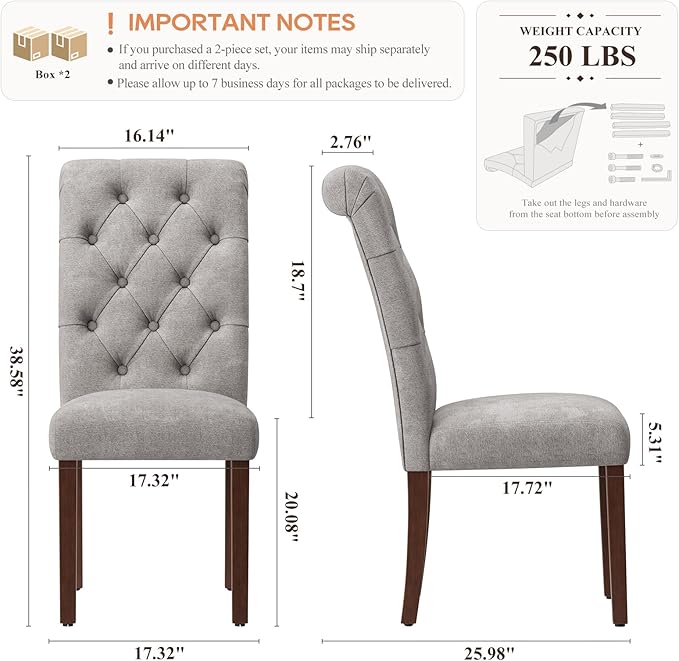 Upholstered Tufted Dining Room Chairs Set of 4, Parsons Kitchen Chairs with Padded Seat and Solid Wood Legs, Fabric Accent Side Diner Chair for Dining Room/Kitchen/Living Room, Light Grey